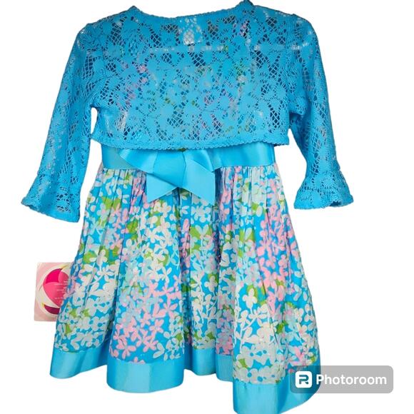 Youngland Sleeveless Floral Swiss Dot Dress w/Pink Rosette and Bolero Jacket 2T - Picture 3 of 16